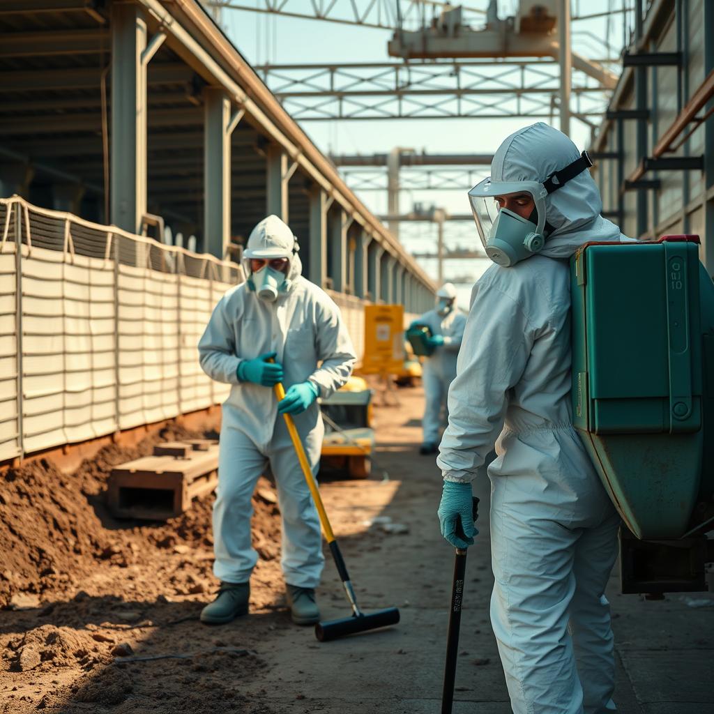 Environmental remediation crew in full PPE and respirators working at a cleanup site